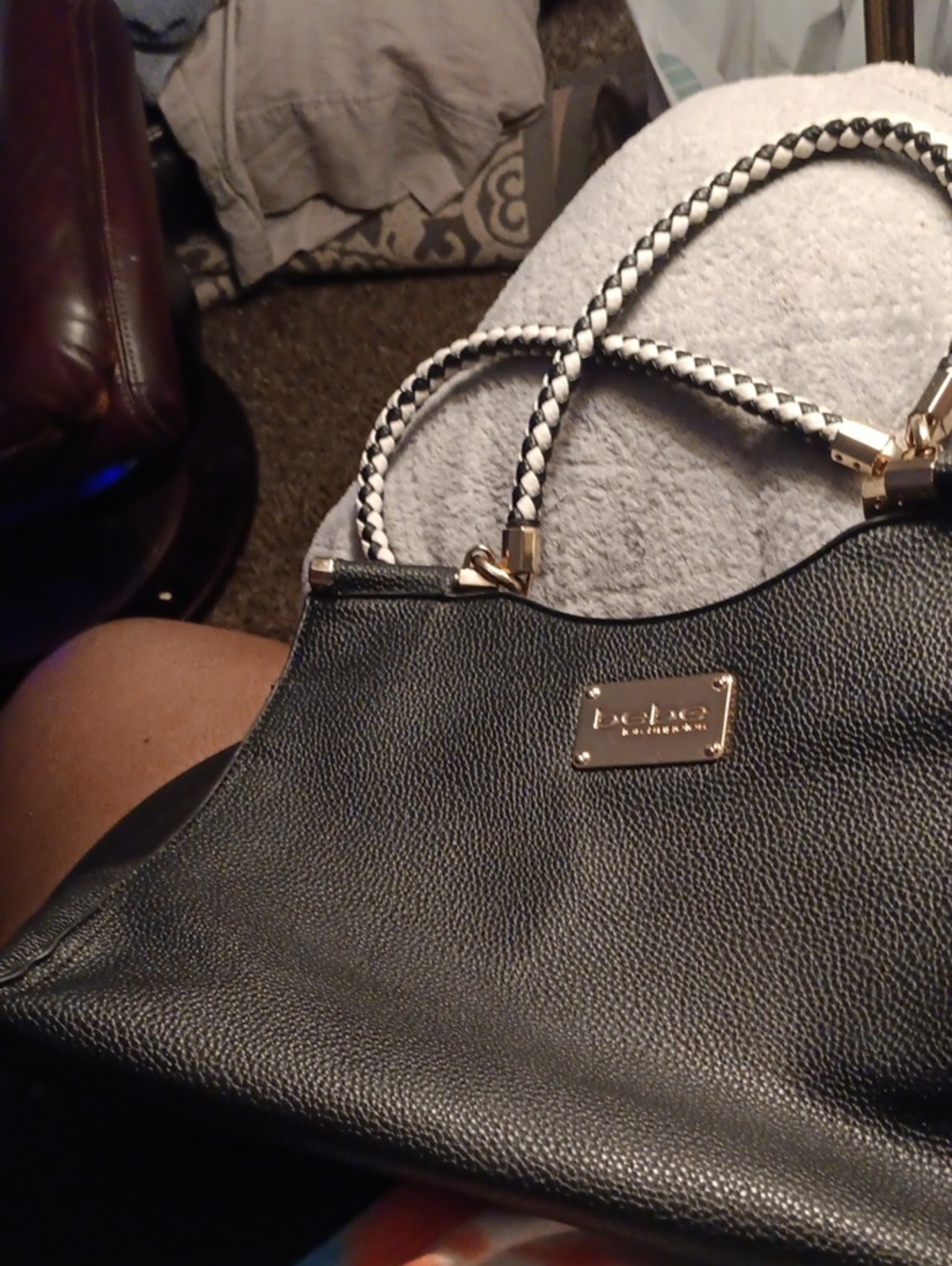bebe Black Tote with Braided Black-and-White Handles